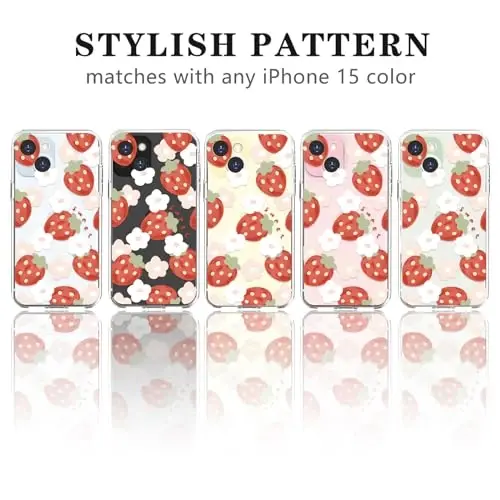 Lovmooful Compatible for iPhone 15 Case Cute Clear Oil Flower Floral Strawberry Design for Girls Women Soft TPU Shockproof Protective Girly for iPhone 15-Light Strawberry - 4
