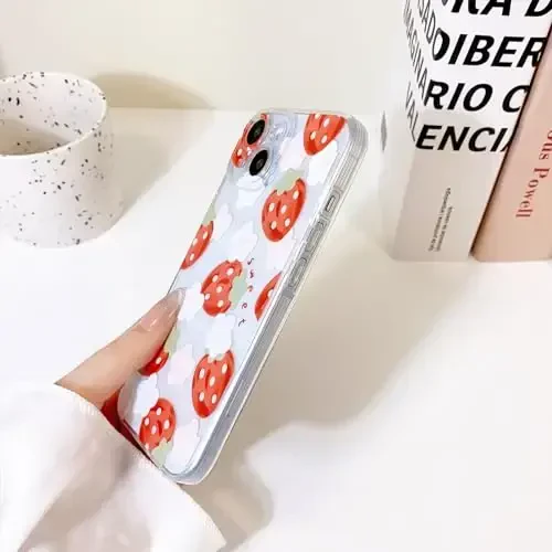 Lovmooful Compatible for iPhone 15 Case Cute Clear Oil Flower Floral Strawberry Design for Girls Women Soft TPU Shockproof Protective Girly for iPhone 15-Light Strawberry - 5