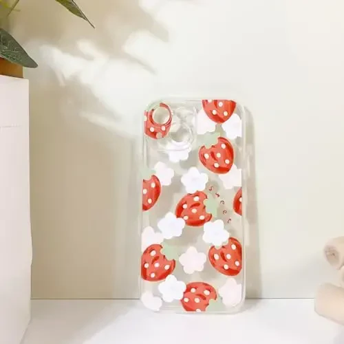Lovmooful Compatible for iPhone 15 Case Cute Clear Oil Flower Floral Strawberry Design for Girls Women Soft TPU Shockproof Protective Girly for iPhone 15-Light Strawberry - 6