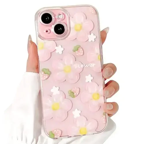 Lovmooful Compatible for iPhone 15 Case Cute Clear Oil Flower Floral Strawberry Design for Girls Women Soft TPU Shockproof Protective Girly for iPhone 15-Pink Flower2 - 1