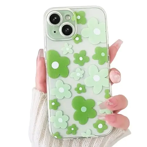 Lovmooful Compatible for iPhone 15 Case Cute Clear Flower Floral Color Design for Girls Women Soft TPU Shockproof Protective Girly for iPhone 15-Light Green Flower 