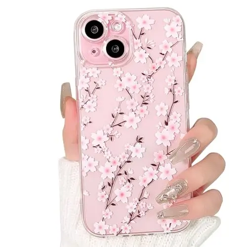 Lovmooful Compatible for iPhone 15 Case Cute Clear Flower Floral Design for Girls Women Soft TPU Shockproof Protective Girly for iPhone 15-Peach Blossom - 1