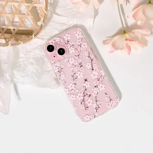 Lovmooful Compatible for iPhone 15 Case Cute Clear Flower Floral Design for Girls Women Soft TPU Shockproof Protective Girly for iPhone 15-Peach Blossom - LOVMOOFUL (1)