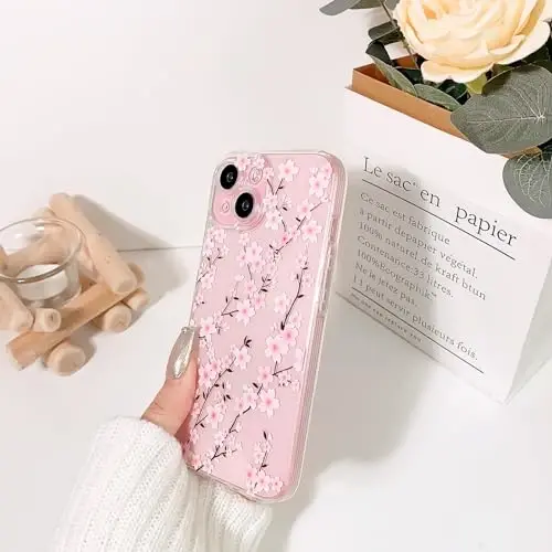 Lovmooful Compatible for iPhone 15 Case Cute Clear Flower Floral Design for Girls Women Soft TPU Shockproof Protective Girly for iPhone 15-Peach Blossom - 5