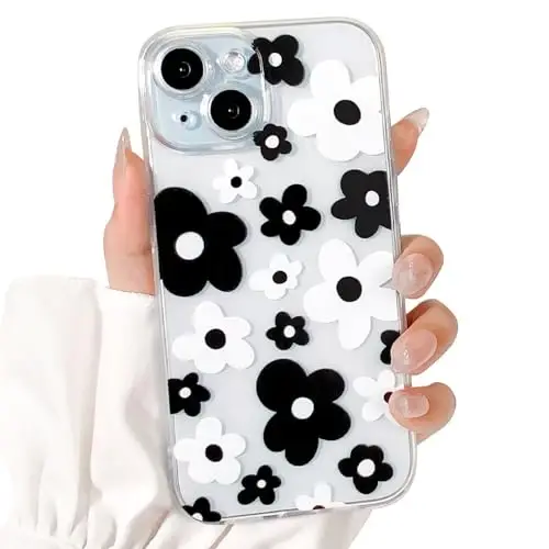 Lovmooful Compatible for iPhone 15 Case Cute Clear Flower Floral Color Design for Girls Women Soft TPU Shockproof Protective Girly for iPhone 15-Black Flower - 1
