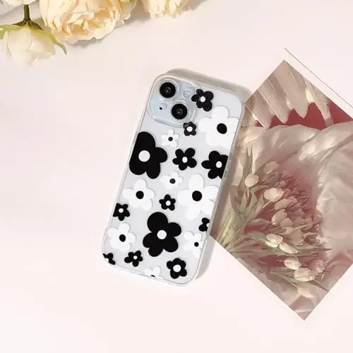 Lovmooful Compatible for iPhone 15 Case Cute Clear Flower Floral Color Design for Girls Women Soft TPU Shockproof Protective Girly for iPhone 15-Black Flower - LOVMOOFUL (1)