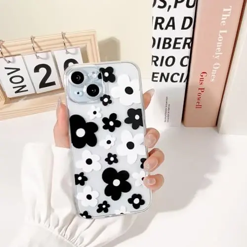 Lovmooful Compatible for iPhone 15 Case Cute Clear Flower Floral Color Design for Girls Women Soft TPU Shockproof Protective Girly for iPhone 15-Black Flower - 3