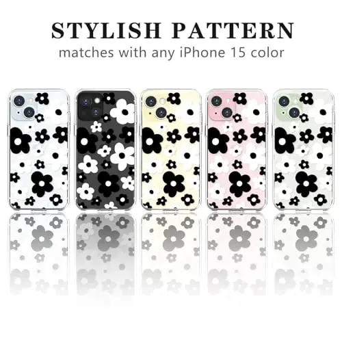 Lovmooful Compatible for iPhone 15 Case Cute Clear Flower Floral Color Design for Girls Women Soft TPU Shockproof Protective Girly for iPhone 15-Black Flower - 4