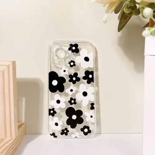 Lovmooful Compatible for iPhone 15 Case Cute Clear Flower Floral Color Design for Girls Women Soft TPU Shockproof Protective Girly for iPhone 15-Black Flower - 6