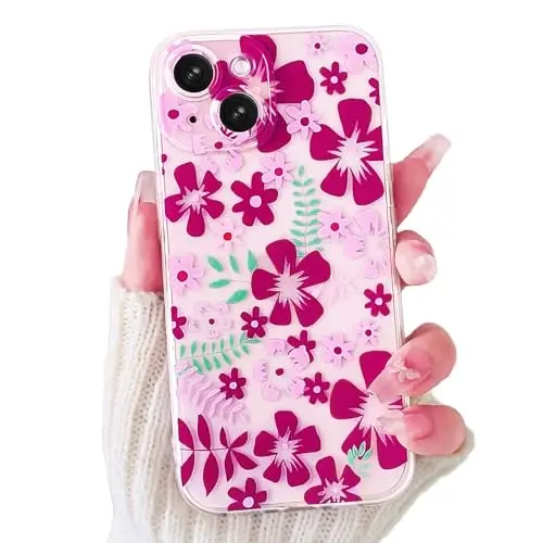 Lovmooful Compatible for iPhone 15 Case Cute Clear Flower Floral Color Design for Girls Women Soft TPU Shockproof Protective Girly for iPhone 15-Rose Red Flower 