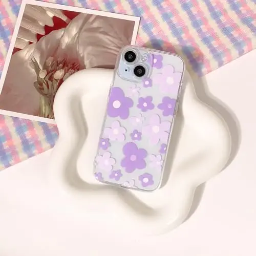 Lovmooful Compatible for iPhone 15 Case Cute Clear Flower Floral Color Design for Girls Women Soft TPU Shockproof Protective Girly for iPhone 15-Purple Flower - 2