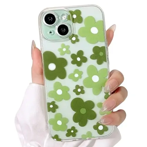 Lovmooful Compatible for iPhone 15 Case Cute Clear Flower Floral Color Design for Girls Women Soft TPU Shockproof Protective Girly for iPhone 15-Green Flower2 