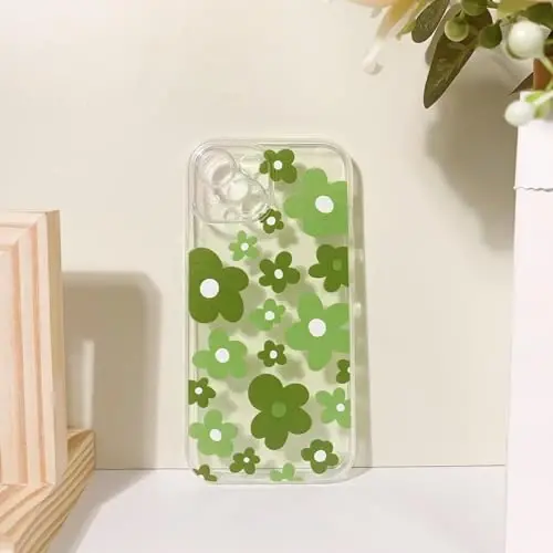 Lovmooful Compatible for iPhone 15 Case Cute Clear Flower Floral Color Design for Girls Women Soft TPU Shockproof Protective Girly for iPhone 15-Green Flower2 - 6