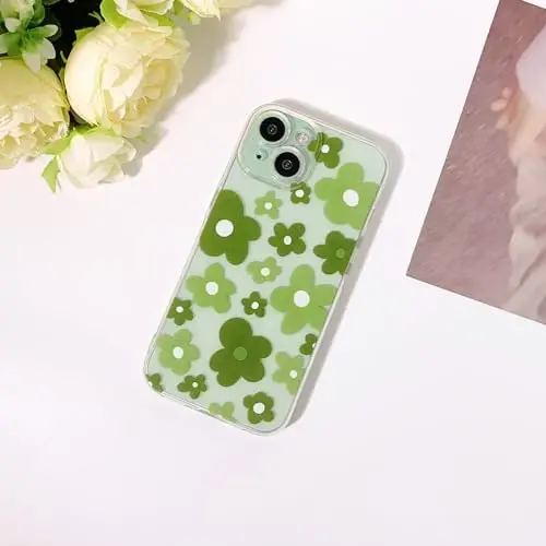 Lovmooful Compatible for iPhone 15 Case Cute Clear Flower Floral Color Design for Girls Women Soft TPU Shockproof Protective Girly for iPhone 15-Green Flower2 - LOVMOOFUL (1)