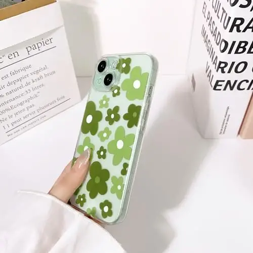 Lovmooful Compatible for iPhone 15 Case Cute Clear Flower Floral Color Design for Girls Women Soft TPU Shockproof Protective Girly for iPhone 15-Green Flower2 - 5