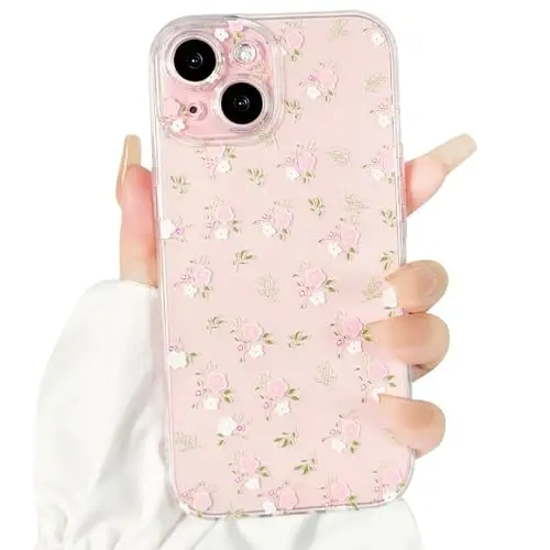 Lovmooful Compatible for iPhone 15 Case Cute Clear Flower Floral Design for Girls Women Soft TPU Shockproof Protective Girly for iPhone 15-Pink & White Flowers - 1