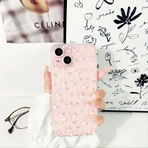 Lovmooful Compatible for iPhone 15 Case Cute Clear Flower Floral Design for Girls Women Soft TPU Shockproof Protective Girly for iPhone 15-Pink & White Flowers - 3