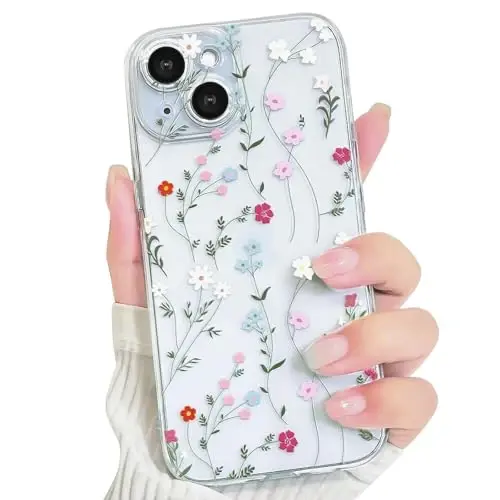 Lovmooful Compatible for iPhone 15 Case Cute Clear Flower Floral Color Design for Girls Women Soft TPU Shockproof Protective Girly for iPhone 15-Twig Flower - 1