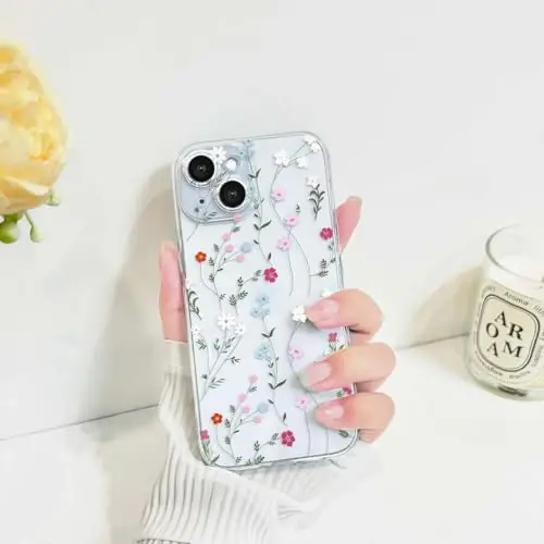 Lovmooful Compatible for iPhone 15 Case Cute Clear Flower Floral Color Design for Girls Women Soft TPU Shockproof Protective Girly for iPhone 15-Twig Flower - 3