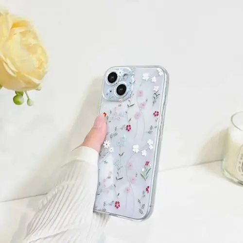 Lovmooful Compatible for iPhone 15 Case Cute Clear Flower Floral Color Design for Girls Women Soft TPU Shockproof Protective Girly for iPhone 15-Twig Flower - 5