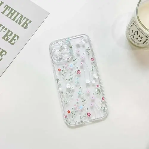 Lovmooful Compatible for iPhone 15 Case Cute Clear Flower Floral Color Design for Girls Women Soft TPU Shockproof Protective Girly for iPhone 15-Twig Flower - 4