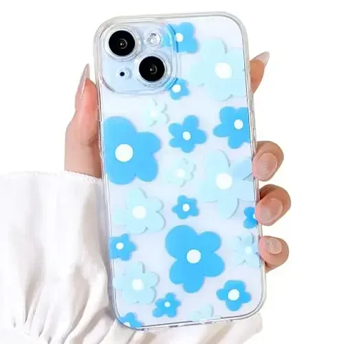 Lovmooful Compatible for iPhone 15 Case Cute Clear Flower Floral Color Design for Girls Women Soft TPU Shockproof Protective Girly for iPhone 15-Blue Flower - 1