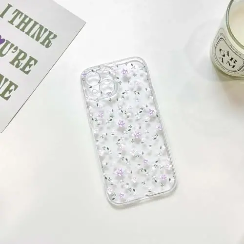Lovmooful Compatible for iPhone 15 Case Cute Clear Flower Floral Design for Girls Women Soft TPU Shockproof Protective Girly for iPhone 15-Purple Flying Flower - 4