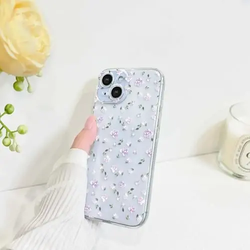 Lovmooful Compatible for iPhone 15 Case Cute Clear Flower Floral Design for Girls Women Soft TPU Shockproof Protective Girly for iPhone 15-Purple Flying Flower - 5