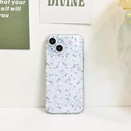 Lovmooful Compatible for iPhone 15 Case Cute Clear Flower Floral Design for Girls Women Soft TPU Shockproof Protective Girly for iPhone 15-Purple Flying Flower - 6