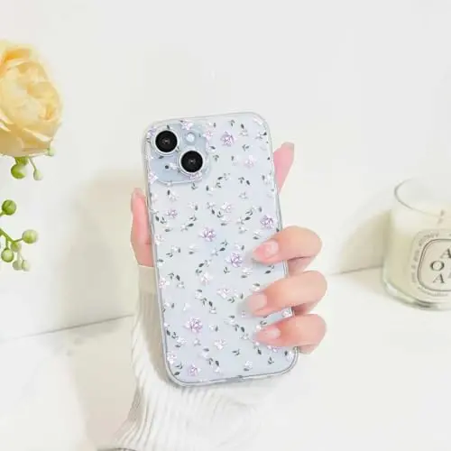 Lovmooful Compatible for iPhone 15 Case Cute Clear Flower Floral Design for Girls Women Soft TPU Shockproof Protective Girly for iPhone 15-Purple Flying Flower - 3