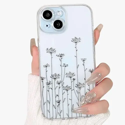 Lovmooful Compatible for iPhone 15 Case Cute Clear Flower Floral Leaf Design for Girls Women Soft TPU Shockproof Protective Girly for iPhone 15-Black Poppy - 1