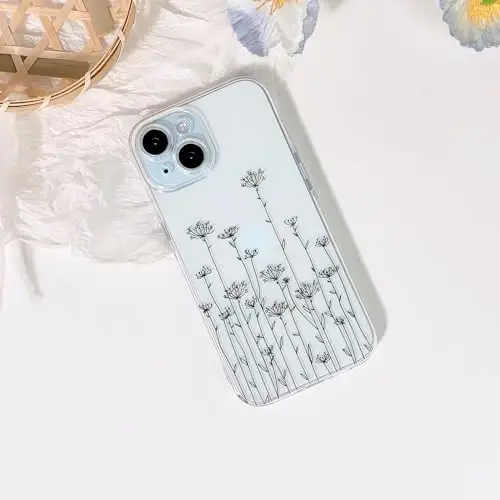 Lovmooful Compatible for iPhone 15 Case Cute Clear Flower Floral Leaf Design for Girls Women Soft TPU Shockproof Protective Girly for iPhone 15-Black Poppy - 2