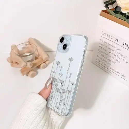 Lovmooful Compatible for iPhone 15 Case Cute Clear Flower Floral Leaf Design for Girls Women Soft TPU Shockproof Protective Girly for iPhone 15-Black Poppy - 5