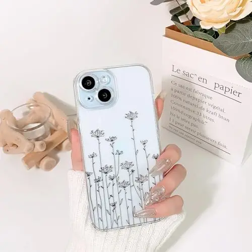 Lovmooful Compatible for iPhone 15 Case Cute Clear Flower Floral Leaf Design for Girls Women Soft TPU Shockproof Protective Girly for iPhone 15-Black Poppy - 3