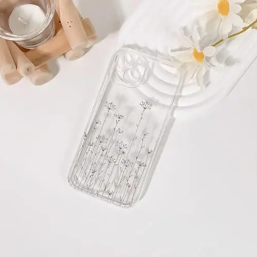 Lovmooful Compatible for iPhone 15 Case Cute Clear Flower Floral Leaf Design for Girls Women Soft TPU Shockproof Protective Girly for iPhone 15-Black Poppy - 4