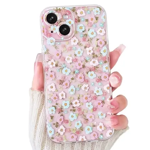 Lovmooful Compatible for iPhone 15 Case Cute Clear Flower Floral Color Design for Girls Women Soft TPU Shockproof Protective Girly for iPhone 15-Blue&Pink Floral 