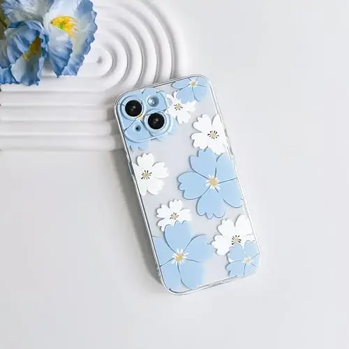 Lovmooful Compatible for iPhone 15 Case Cute Clear Flower Floral Color Design for Girls Women Soft TPU Shockproof Protective Girly for iPhone 15-Blue&White Flower - 2