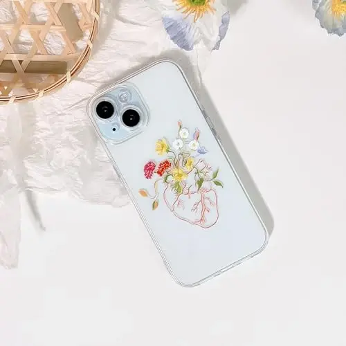 Lovmooful Compatible for iPhone 15 Case Cute Clear Flower Floral Heart Design for Girls Women Soft TPU Shockproof Protective Girly for iPhone 15-Heart Flower - 2