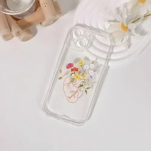 Lovmooful Compatible for iPhone 15 Case Cute Clear Flower Floral Heart Design for Girls Women Soft TPU Shockproof Protective Girly for iPhone 15-Heart Flower - 4