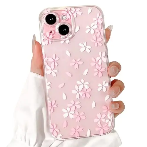 Lovmooful Compatible for iPhone 15 Case Cute Clear Flower Floral Design for Girls Women Soft TPU Shockproof Protective Girly for iPhone 15-White Pink Floral 