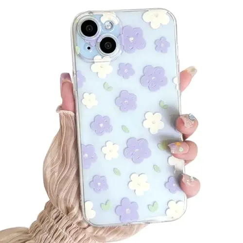 Lovmooful Compatible for iPhone 15 Case Cute Clear Oil Flower Floral Design for Girls Women Soft TPU Shockproof Protective Girly for iPhone 15-Purple&White Flower - LOVMOOFUL