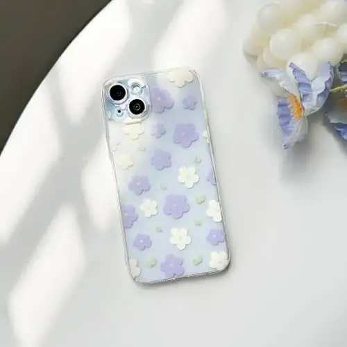 Lovmooful Compatible for iPhone 15 Case Cute Clear Oil Flower Floral Design for Girls Women Soft TPU Shockproof Protective Girly for iPhone 15-Purple&White Flower - 2