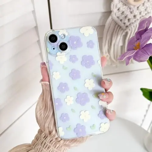 Lovmooful Compatible for iPhone 15 Case Cute Clear Oil Flower Floral Design for Girls Women Soft TPU Shockproof Protective Girly for iPhone 15-Purple&White Flower - 3
