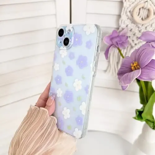 Lovmooful Compatible for iPhone 15 Case Cute Clear Oil Flower Floral Design for Girls Women Soft TPU Shockproof Protective Girly for iPhone 15-Purple&White Flower - 5