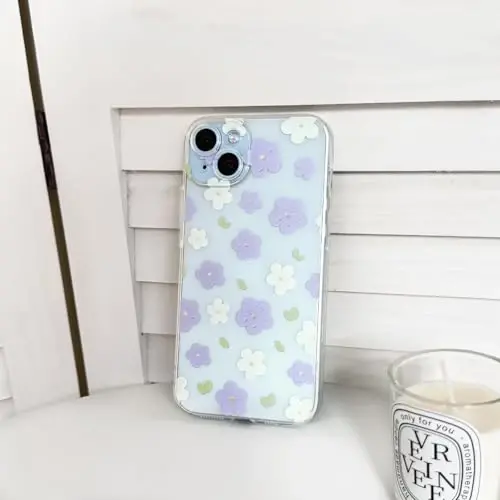 Lovmooful Compatible for iPhone 15 Case Cute Clear Oil Flower Floral Design for Girls Women Soft TPU Shockproof Protective Girly for iPhone 15-Purple&White Flower - 6