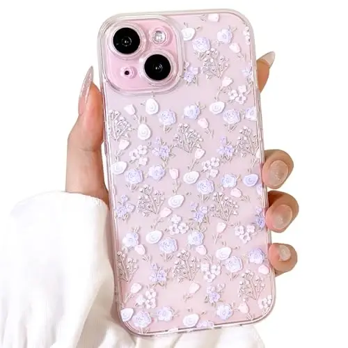 Lovmooful Compatible for iPhone 15 Case Cute Clear Oil Flower Floral Design for Girls Women Soft TPU Shockproof Protective Girly for iPhone 15-Purple Rose - 1