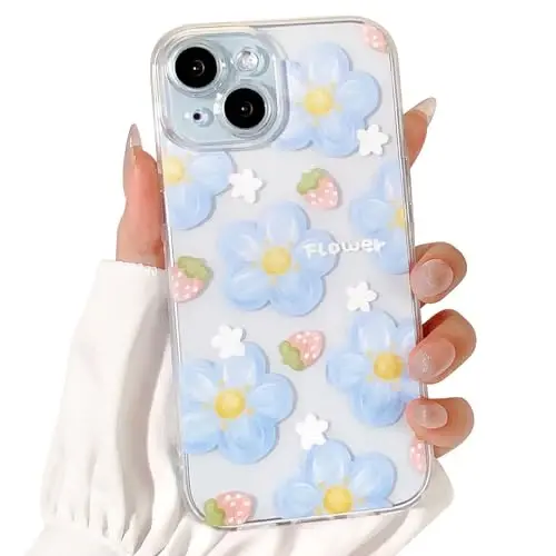 Lovmooful Compatible for iPhone 15 Case Cute Clear Oil Flower Floral Strawberry Design for Girls Women Soft TPU Shockproof Protective Girly for iPhone 15-Blue Flower - 1
