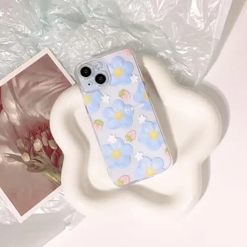 Lovmooful Compatible for iPhone 15 Case Cute Clear Oil Flower Floral Strawberry Design for Girls Women Soft TPU Shockproof Protective Girly for iPhone 15-Blue Flower - 2
