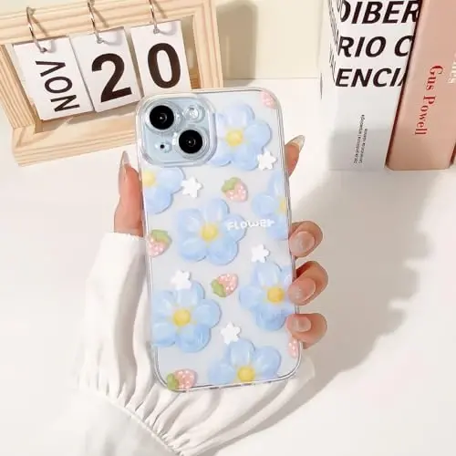 Lovmooful Compatible for iPhone 15 Case Cute Clear Oil Flower Floral Strawberry Design for Girls Women Soft TPU Shockproof Protective Girly for iPhone 15-Blue Flower - 3