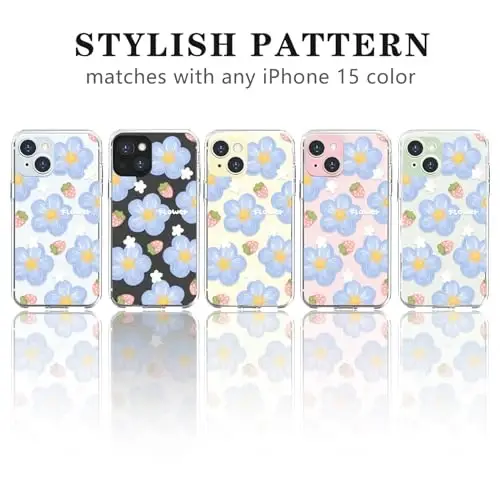 Lovmooful Compatible for iPhone 15 Case Cute Clear Oil Flower Floral Strawberry Design for Girls Women Soft TPU Shockproof Protective Girly for iPhone 15-Blue Flower - 4